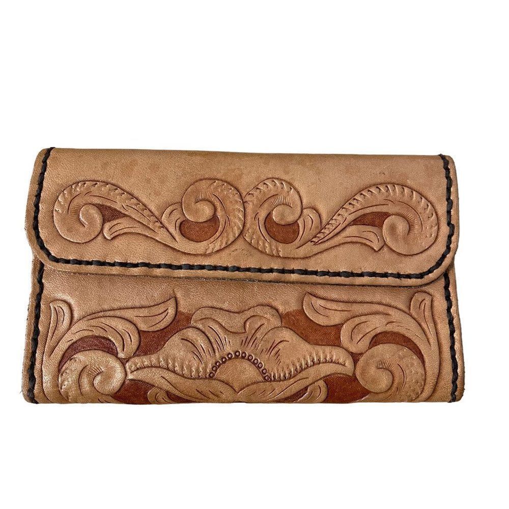 Vintage Hand Tooled Brown Tan Leather Floral Kiss Lock Western Boho Wallet